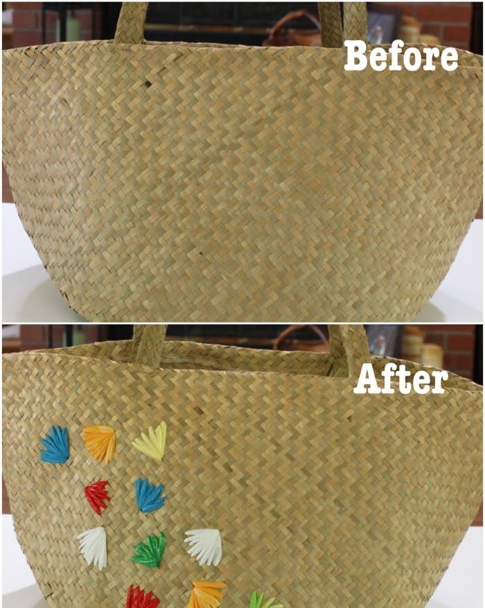 ¡Antes y después de adornar una bolsa de paja con bolsas de plástico recicladas! Un poco de estilo retro para darle vida a un bolso de paja sencillo.
