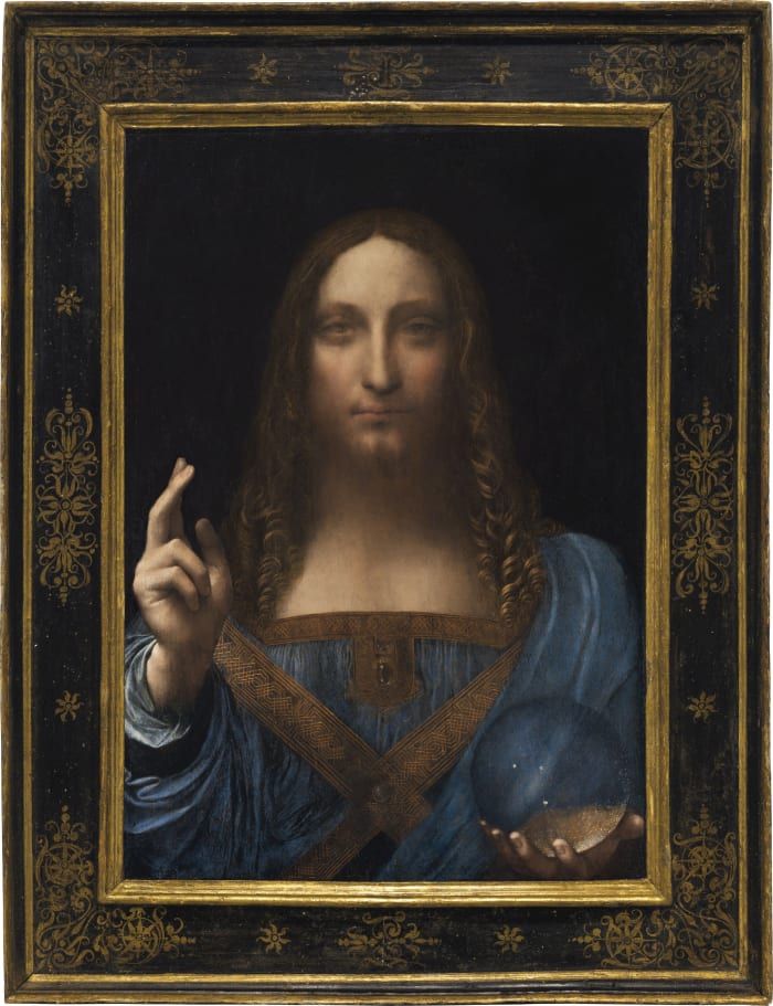 Salvator Mundi de Leonardo da Vinci, c.1500, óleo sobre nuez (enmarcado), batió récords cuando se vendió por $ 450,312,500 en una subasta.
