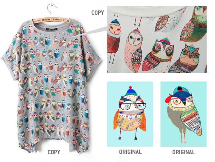 Entdecken Sie die gestohlene Eule - Ashley Percivals Designs, die auch ohne Erlaubnis auf den Oberteilen des chinesischen Bekleidungshändlers Yesstyle.com zu sehen sind.