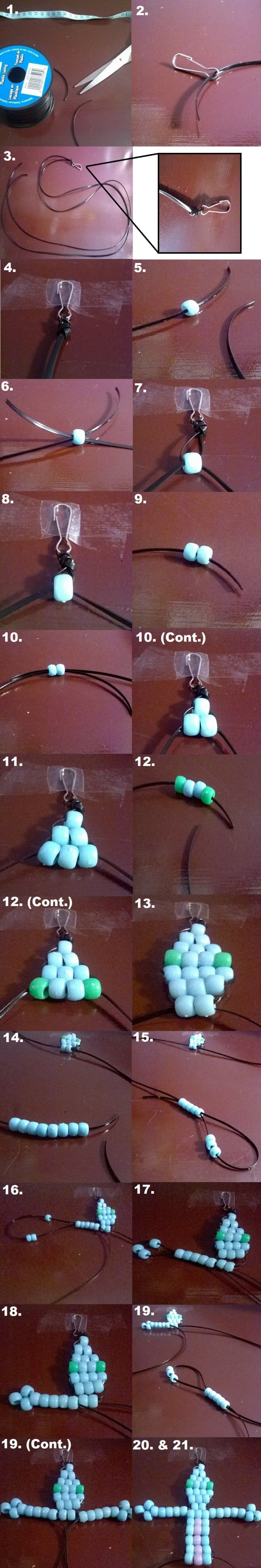 Schritte 1 bis 21 zum Herstellen einer Perlen-Eidechsen-Schlüsselkette.