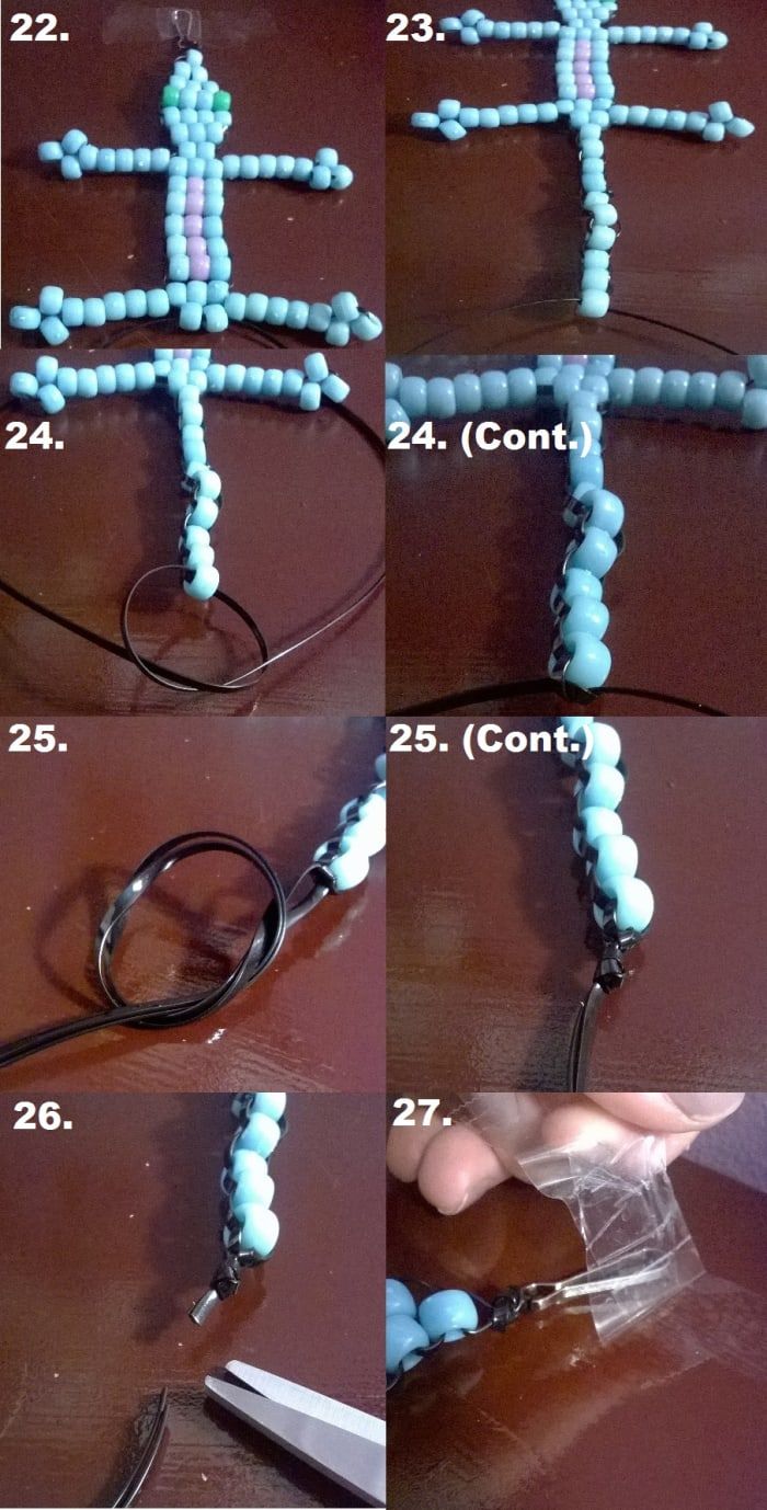 Schritte 22 bis 27 zum Erstellen einer Echsen-Schlüsselkette mit Perlen.