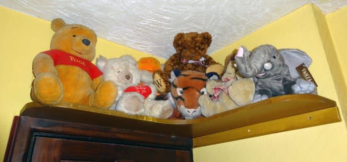 Animales de peluche blandos que se exhiben en el estante colocado encima de la puerta de nuestra habitación.