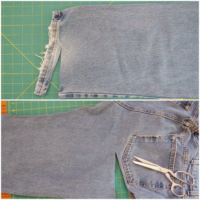 Sacando las piezas de tela de los jeans.