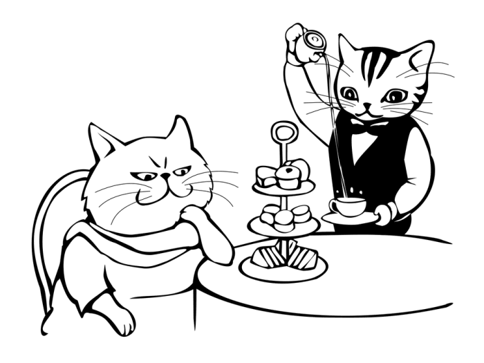 Cafe Katze kann nicht genug gutes Essen und Tee bekommen.
