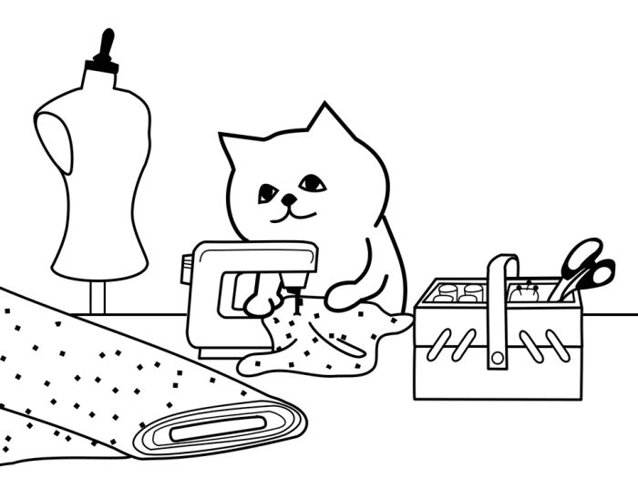 Diese Katze kreiert gerne maßgeschneiderte Kleidung mit ihrer Nähmaschine.
