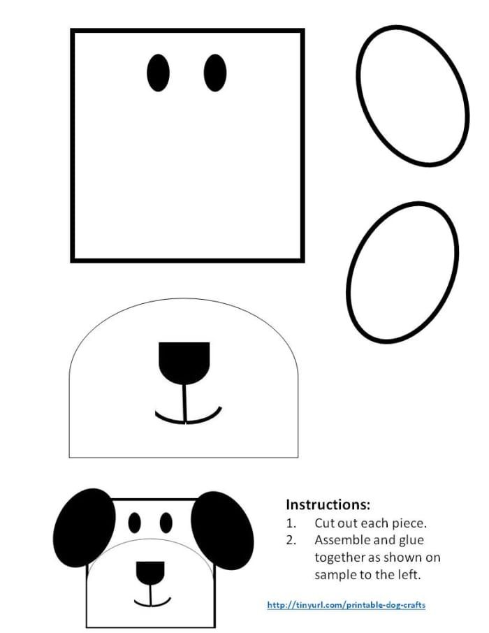 Vorlage für Hund aus einem Quadrat und Ovalen. Auf diesem Muster können Sie die Ohren beliebig färben.