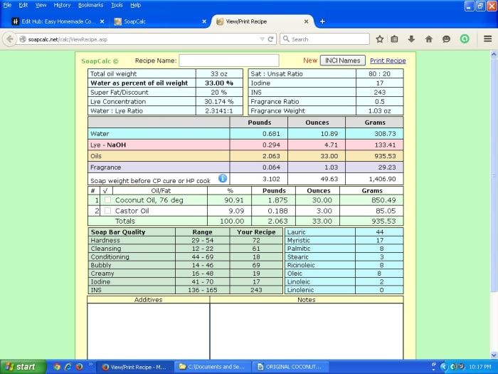 To je posnetek zaslona zgornjega recepta iz priljubljenega spletnega kalkulatorja lugov SoapCalc.