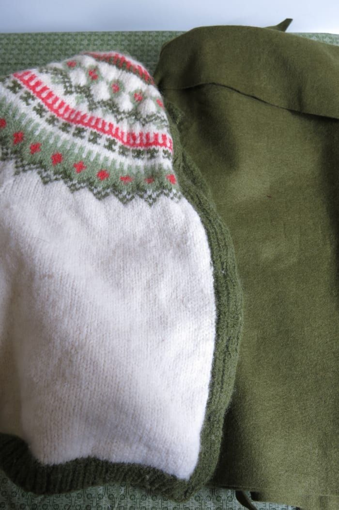 Materiales para convertir un suéter viejo en una decoración para el árbol de Navidad