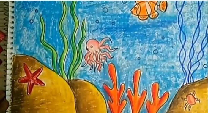 Детско изкуство - Как да нарисувате и оцветите подводна сцена с помощта на маслени пастели за деца