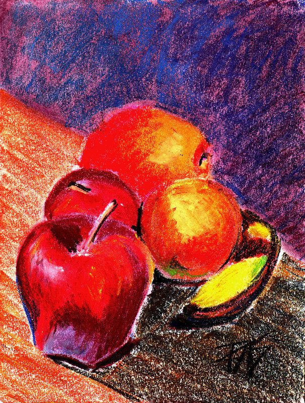 Äpfel, Orangen und Bananen, Stillleben in Richeson Pastell, Art Spectrum und Sennelier auf weißem Skizzenbuchpapier von Robert A. Sloan. 8 1/2