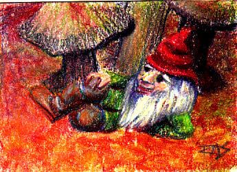 Garden Gnome ATC in Cretacolor-Pastellstiften und Richeson-Hartpastellen auf cremefarbenem Stonehenge-Papier von Robert A. Sloan