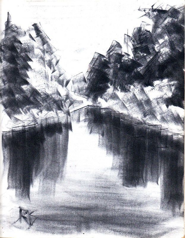 Reflektierende Seeskizze, Pan Pastels Monochrom. Reflecting Lake von Robert A. Sloan, 8 1/2
