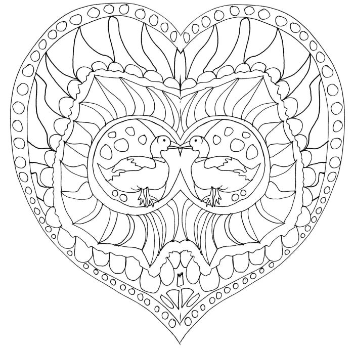 Тази вдъхновена от мандала страница за оцветяване включва две патици в центъра на сърдечен дизайн.