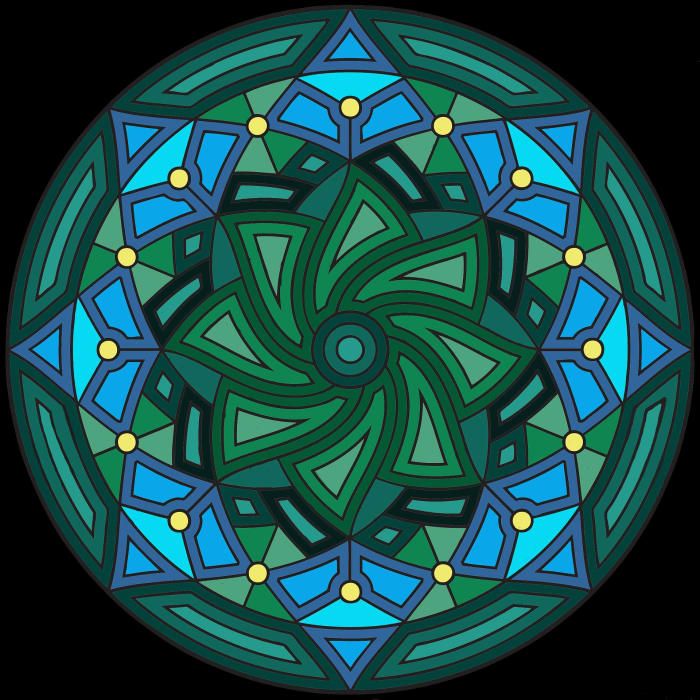 Ein Mandala in kontrastierenden und kostenlosen Grün- und Blautönen mit gelben Akzenten.