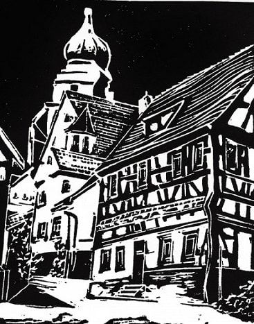 Linolschnitt mit dem Titel Herrenberg, Deutschland, erstellt von Peggy Woods
