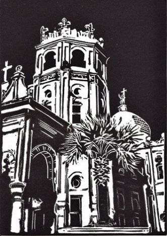Linolschnitt der katholischen Kirche Sacred Heart in Galveston, Texas mit dem Titel Historic Galveston Church, erstellt von Peggy Woods