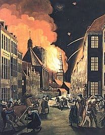 Kopenhagen v ognju zaradi britanskega bombardiranja leta 1807. Slika CW Eckersberg.