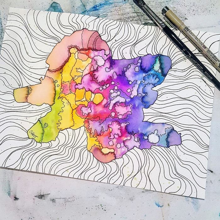 Aquarell mit Regenbogenfarben und Mikron Tintenstift erstellt.