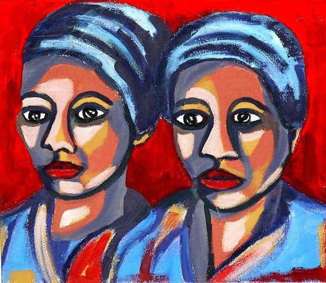 Acrylporträt von zwei Damen aus einem tropischen Land.