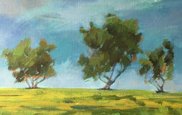 Trois arbres avec des trous dans le ciel, un travail en cours à mi-parcours présenté dans mon article sur un tutoriel de peinture sur la façon de peindre des arbres crédibles mentionnés ci-dessus.