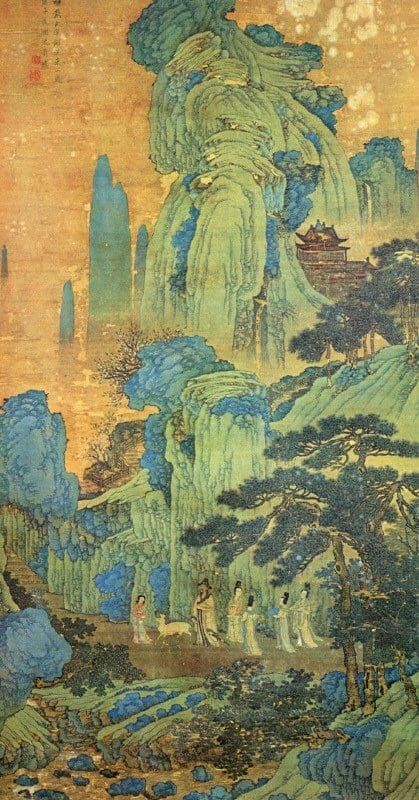 Ein blaugrünes Shanshui-Gemälde des Ming-Künstlers Shen Zhou (1427-1509).