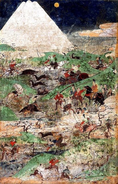 Ein Gemälde eines unbekannten japanischen Malers, das alle Grundelemente eines Sansui-Gemäldes verwendet - mit einer Wendung. Es zeigt eine blutige Schlacht in der Landschaft am Fuße des Berges, die im Vordergrund steht!
