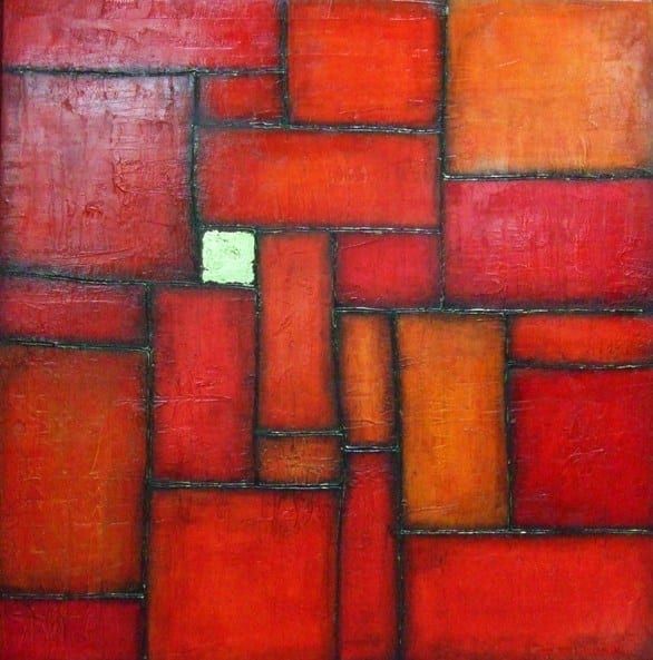 Cette peinture a été réalisée en découpant des carrés et des rectangles dans la texture avant de la laisser sécher et de la peindre.