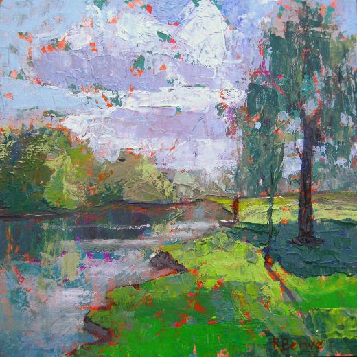 Ein Gemälde mit gemischten Medien, das ich lose gemacht habe, um die Fotoreferenz zu interpretieren, und versucht habe, Fette zu verarbeiten, um die Acrylkanten weich zu halten und den roten Grund durchzusehen. Spring River, von Robie Benve.
