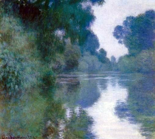 Otro cuadro de Claude Monet con muchos bordes suaves y perdidos. Los bordes más afilados, donde los árboles se encuentran con el cielo, todavía están rotos y suaves. Monet- Rama del Sena cerca de Giverny