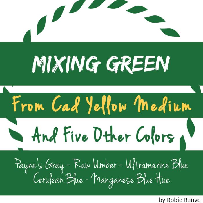 Cinq exemples de la façon de mélanger le vert de Cad Yellow Medium Pure combiné avec Payne’s Grey, Raw Umber, Ultramarine Blue, Cerulean Blue et Manganese Blue Hue.