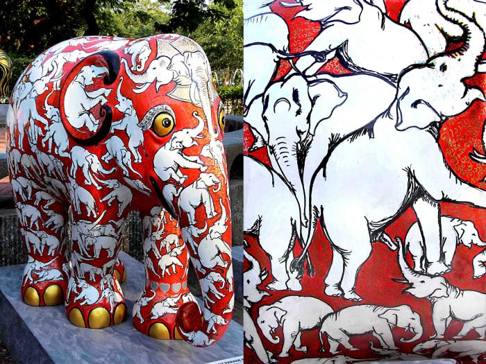 Según el artista, & apos; (cada) elefante tiene su propio gran ego e identidad & apos ;. Su elefante rojo presenta una multitud de diseños de elefantes blancos.