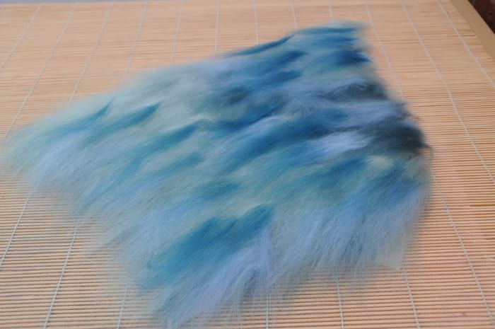 Cubre los rizos teñidos de Teeswater con fibras de lana merino.