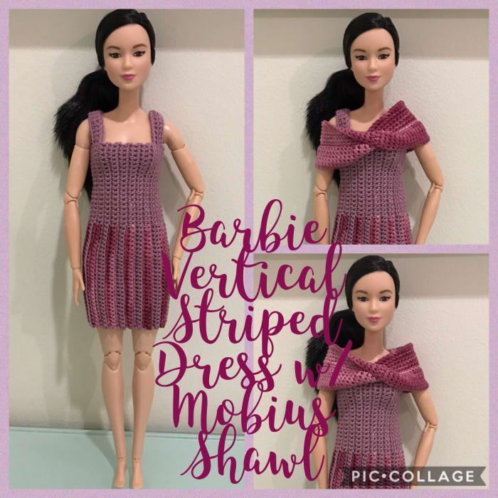 Vestido de rayas verticales de Barbie con chal de Mobius (patrón de ganchillo gratuito)