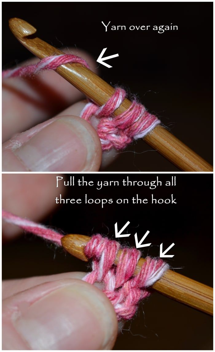 Luego, vuelva a hacer la lana y pase la lana a través de los tres bucles de su gancho.