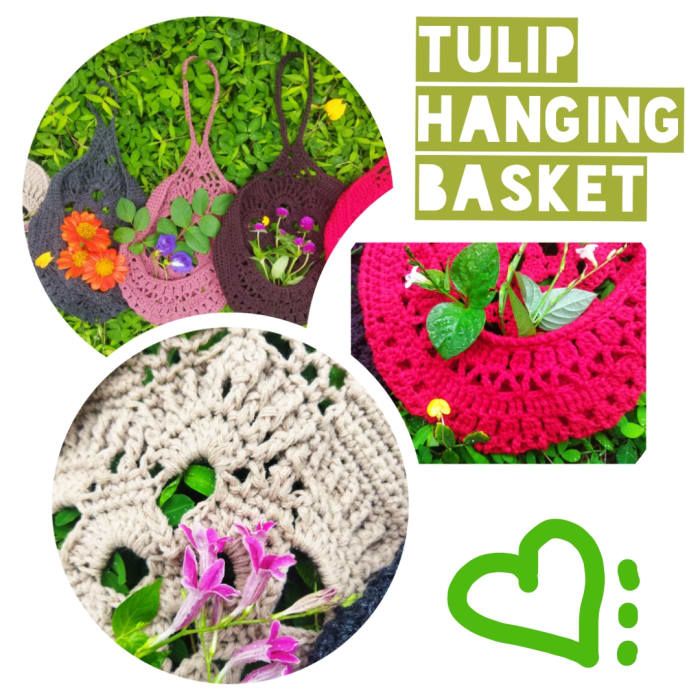 Kvačkana viseča košara tulipanov (brezplačen vzorec z navodili)